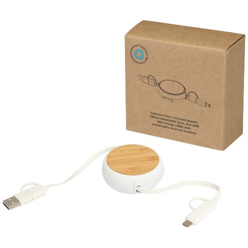 Chechia 5-in-1 recycled plastic 100 cm retractable data sync and 45W fast charge cable