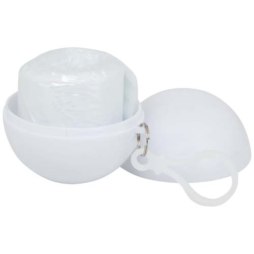 Fog poncho in round plastic container with carabiner